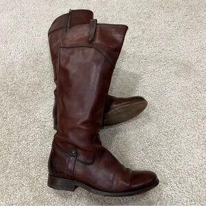 Frye Melissa Tab Red Brown Leather Tall Riding Boot Side Zip Women Size 6 B,